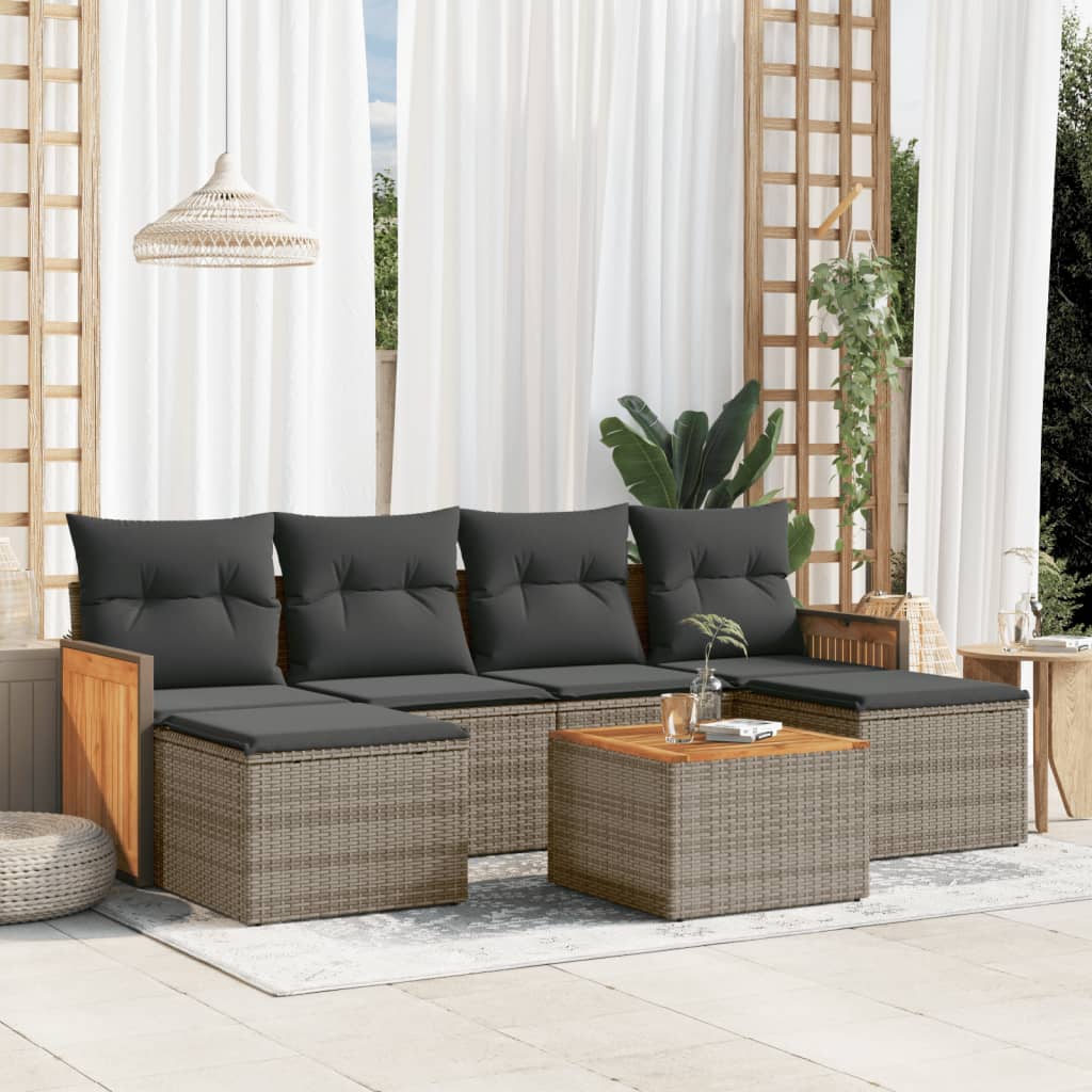 7 Pcs conjunto sofás p/ jardim c/ almofadões vime PE cinzento