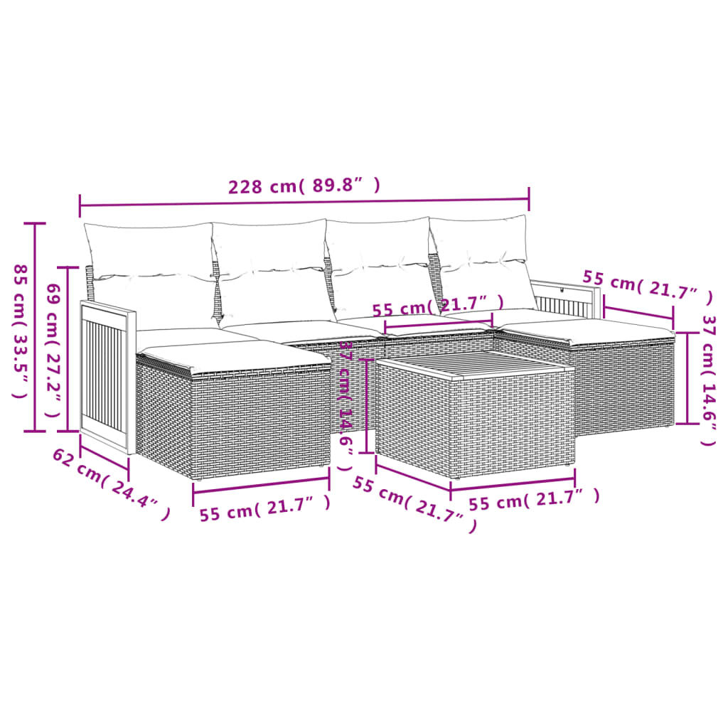 7 Pcs conjunto sofás p/ jardim c/ almofadões vime PE cinzento