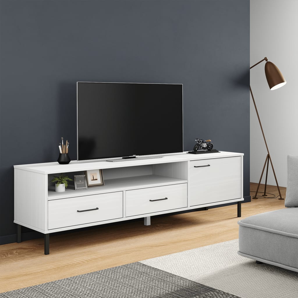 Móvel de TV c/ pernas de metal pinho maciço oslo branco