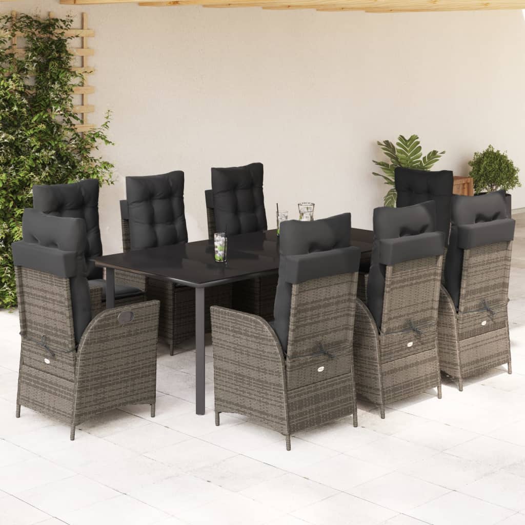 9 Pcs conjunto de jantar p/ jardim c/ almofadões vime PE cinza