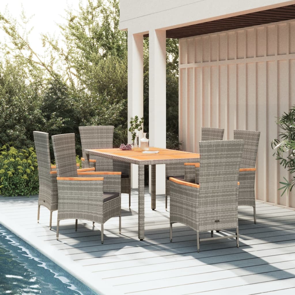 7 Pcs conjunto de jantar p/ jardim c/ almofadões vime PE cinza