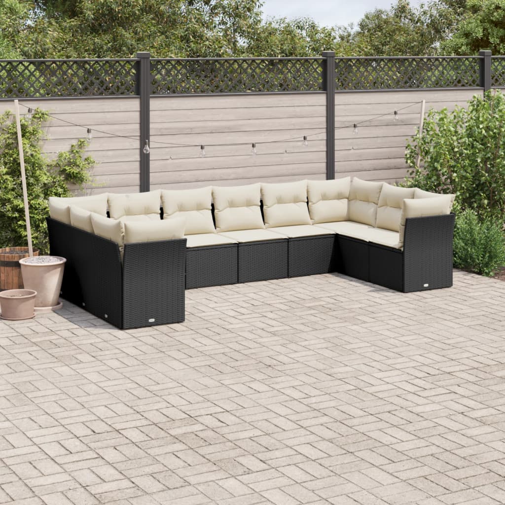 10 Pcs conjunto sofás de jardim c/ almofadões vime PE preto