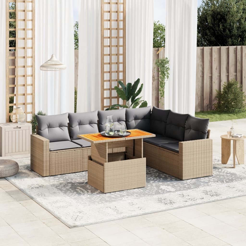 7 Pcs conjunto de sofás p/ jardim com almofadões vime PE bege