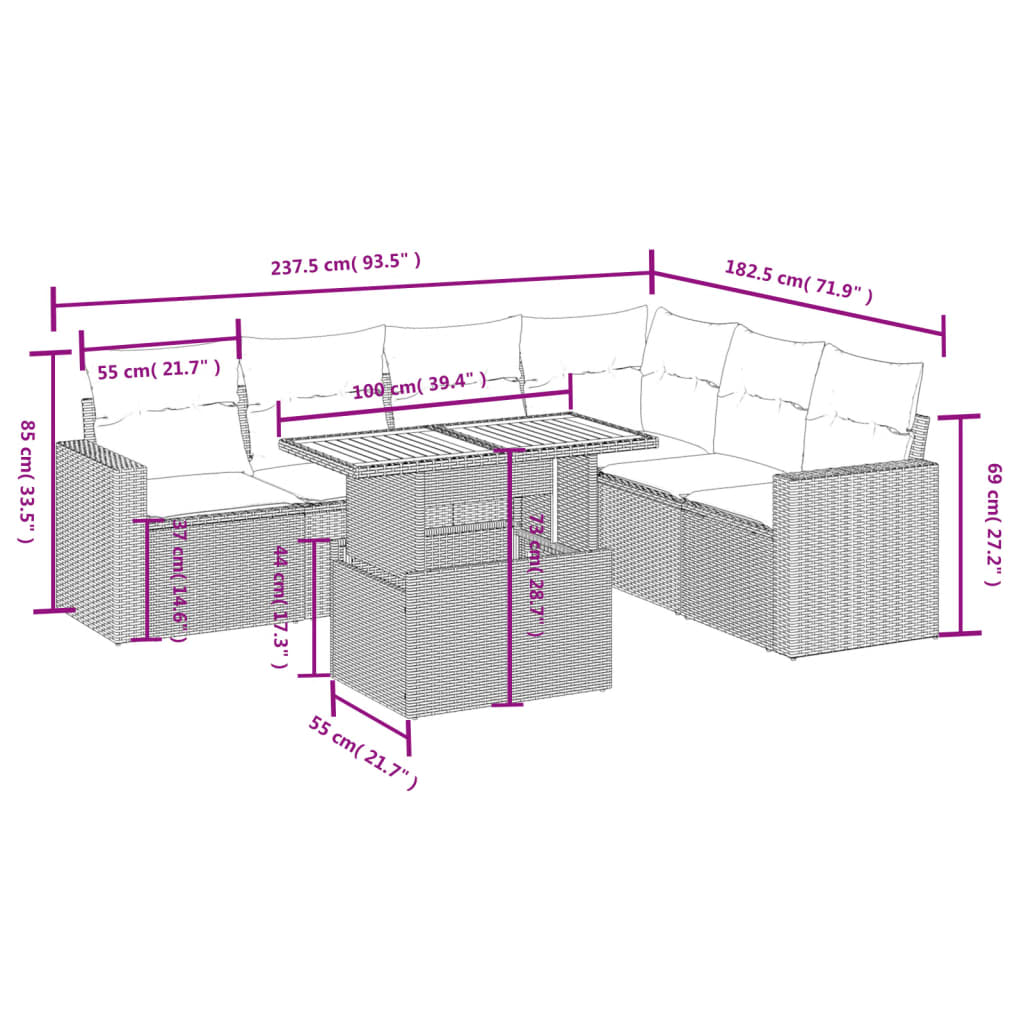 7 Pcs conjunto de sofás p/ jardim com almofadões vime PE bege