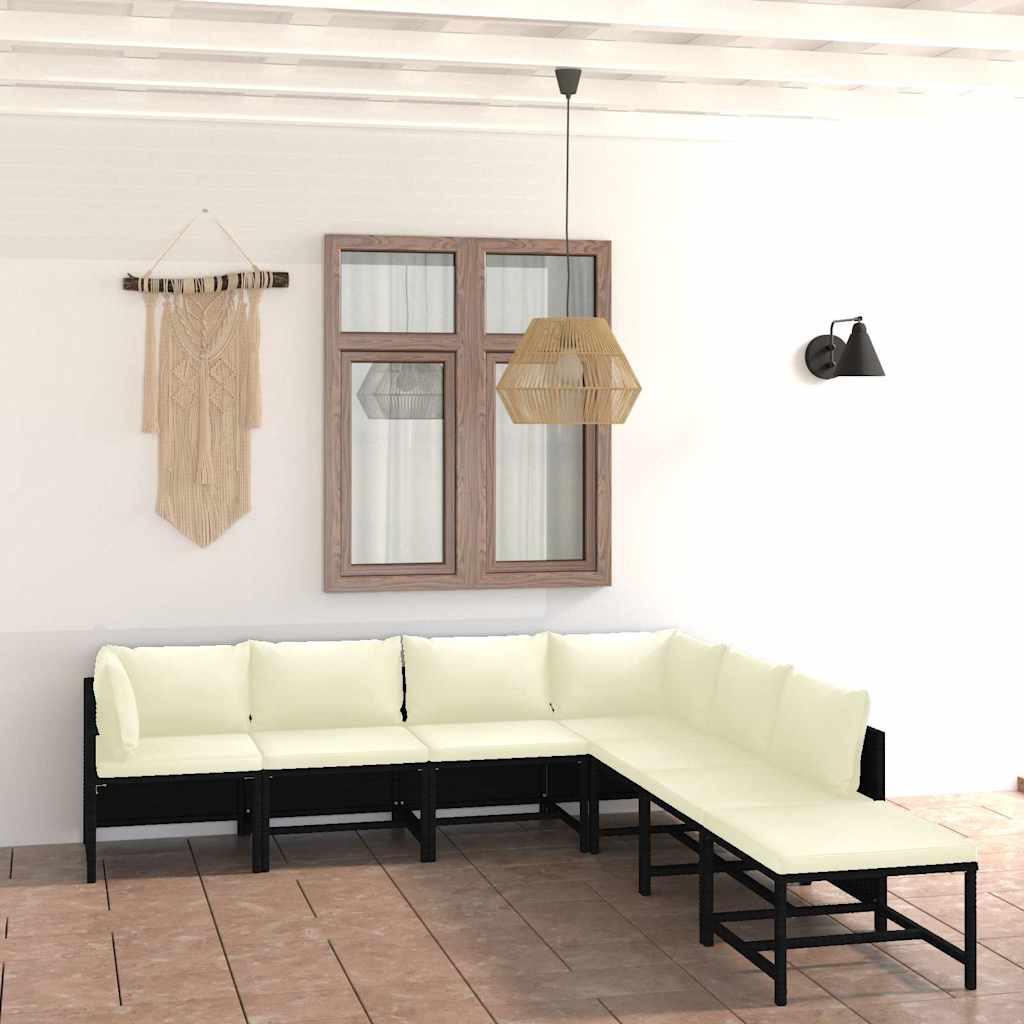 7 Pcs conjunto lounge de jardim c/ almofadões vime PE preto