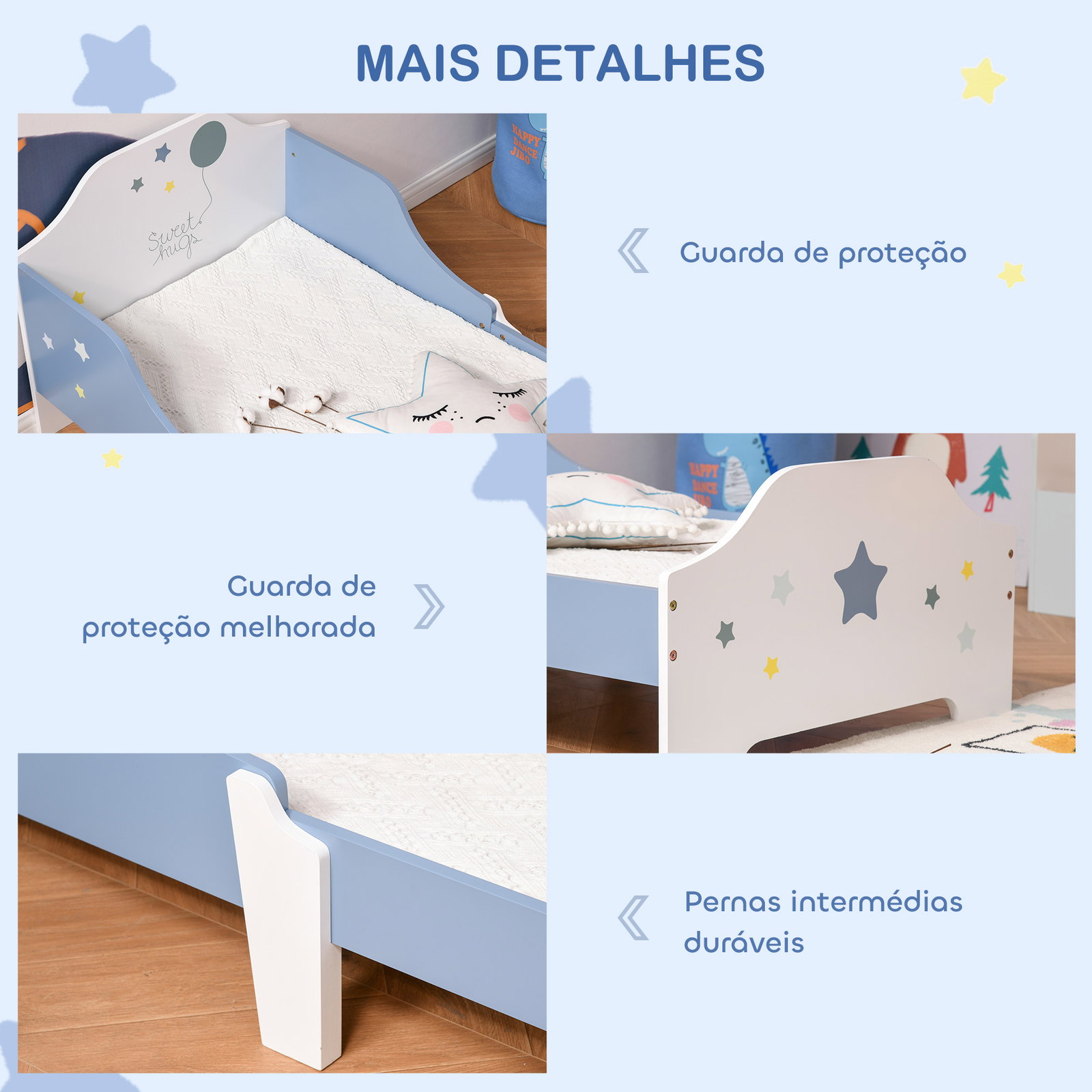 Cama para Crianças 143x74x59 cm Cama Infantil com Desenho em Estrelas Carga 50 kg para Dormitório Azul e Branco