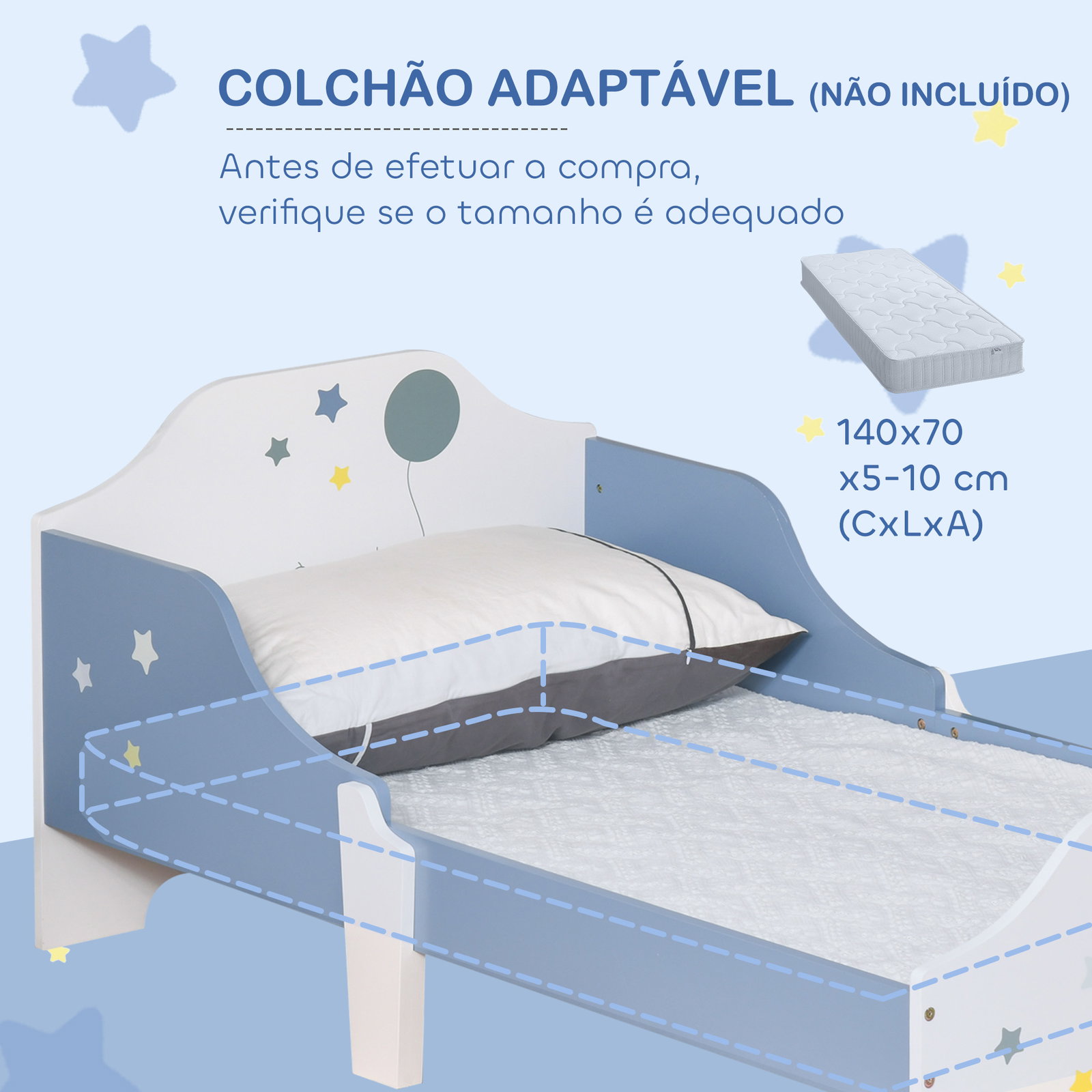 Cama para Crianças 143x74x59 cm Cama Infantil com Desenho em Estrelas Carga 50 kg para Dormitório Azul e Branco