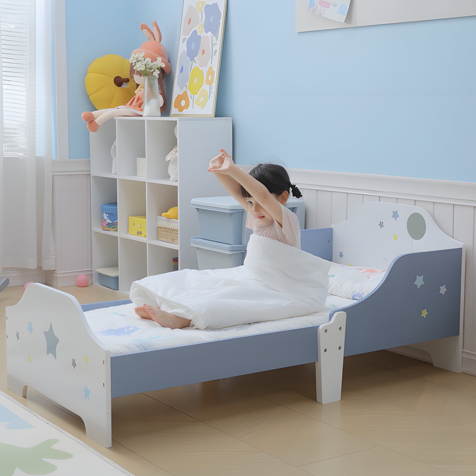 Cama para Crianças 143x74x59 cm Cama Infantil com Desenho em Estrelas Carga 50 kg para Dormitório Azul e Branco