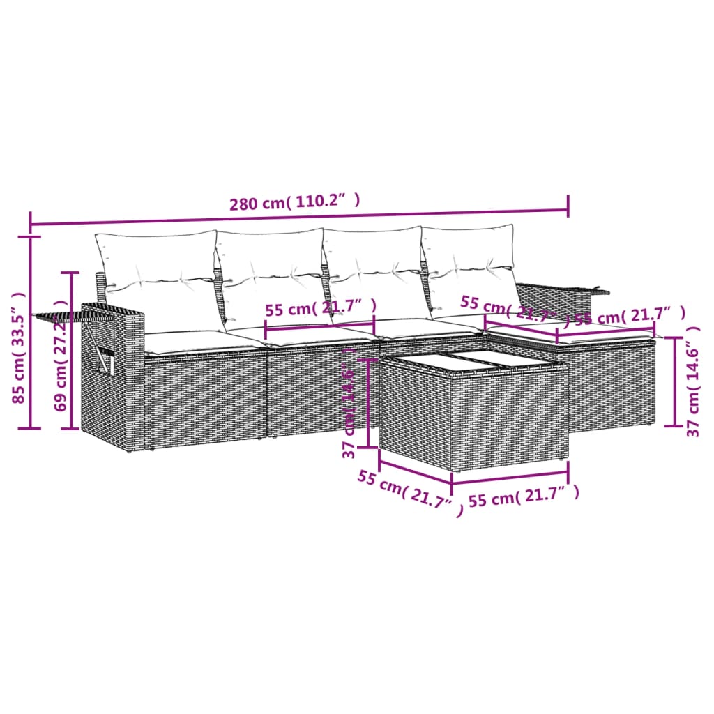 6 Pcs conjunto de sofás p/ jardim com almofadões vime PE bege