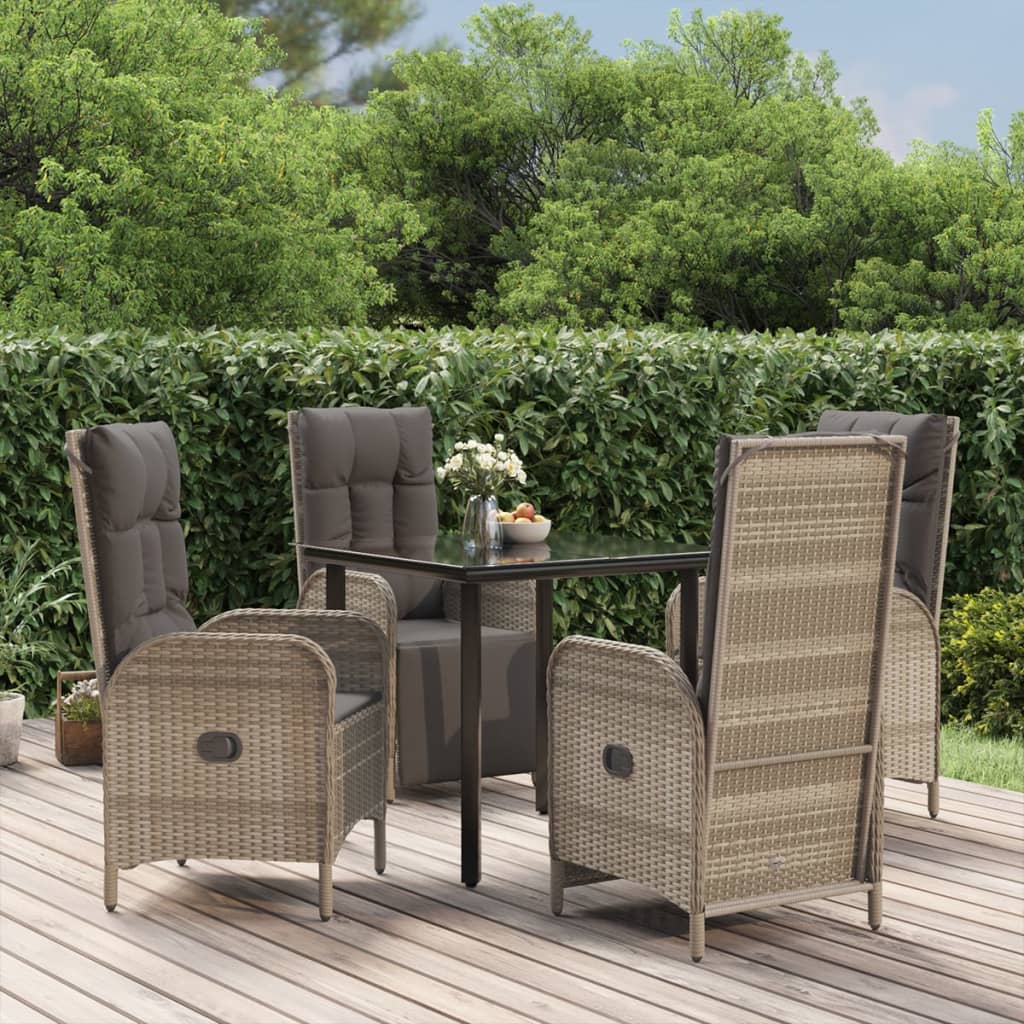 5 Pcs conjunto jantar jardim c/ almofadões vime PE preto/cinza