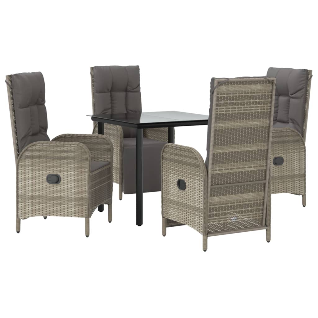 5 Pcs conjunto jantar jardim c/ almofadões vime PE preto/cinza