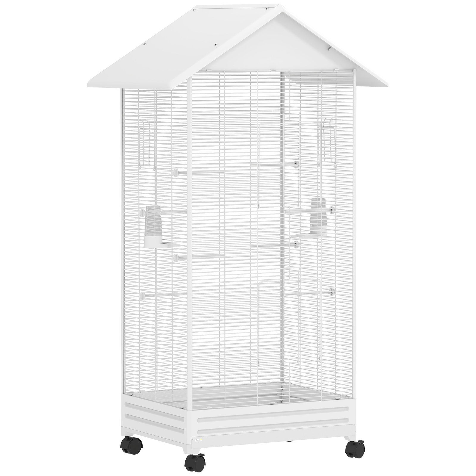 Gaiola para pássaros metálica com com rodas bandeja amovível 4 portas 2 comedouros e 8 poleiros 79x65x155 cm branco