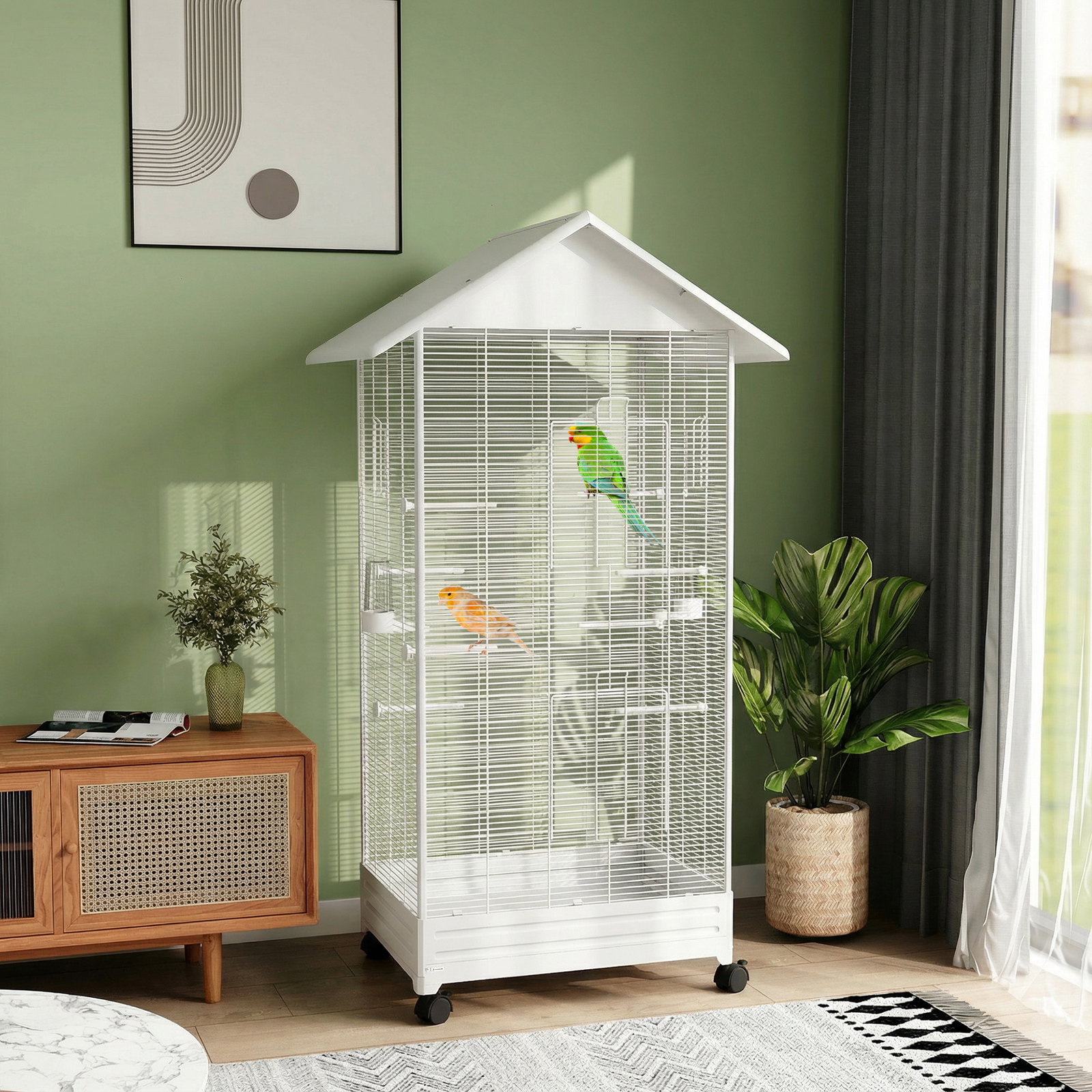 Gaiola para pássaros metálica com com rodas bandeja amovível 4 portas 2 comedouros e 8 poleiros 79x65x155 cm branco