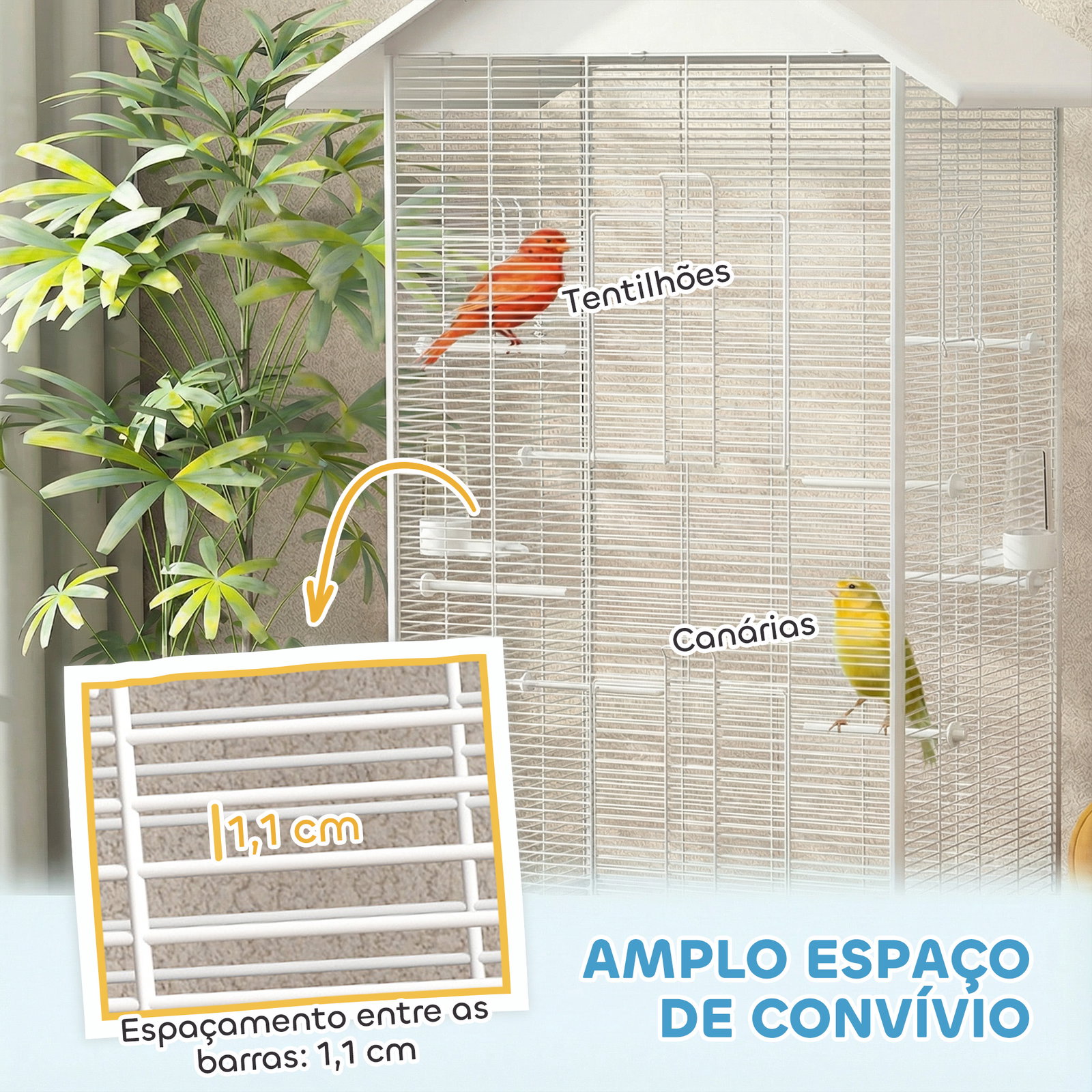 Gaiola para pássaros metálica com com rodas bandeja amovível 4 portas 2 comedouros e 8 poleiros 79x65x155 cm branco
