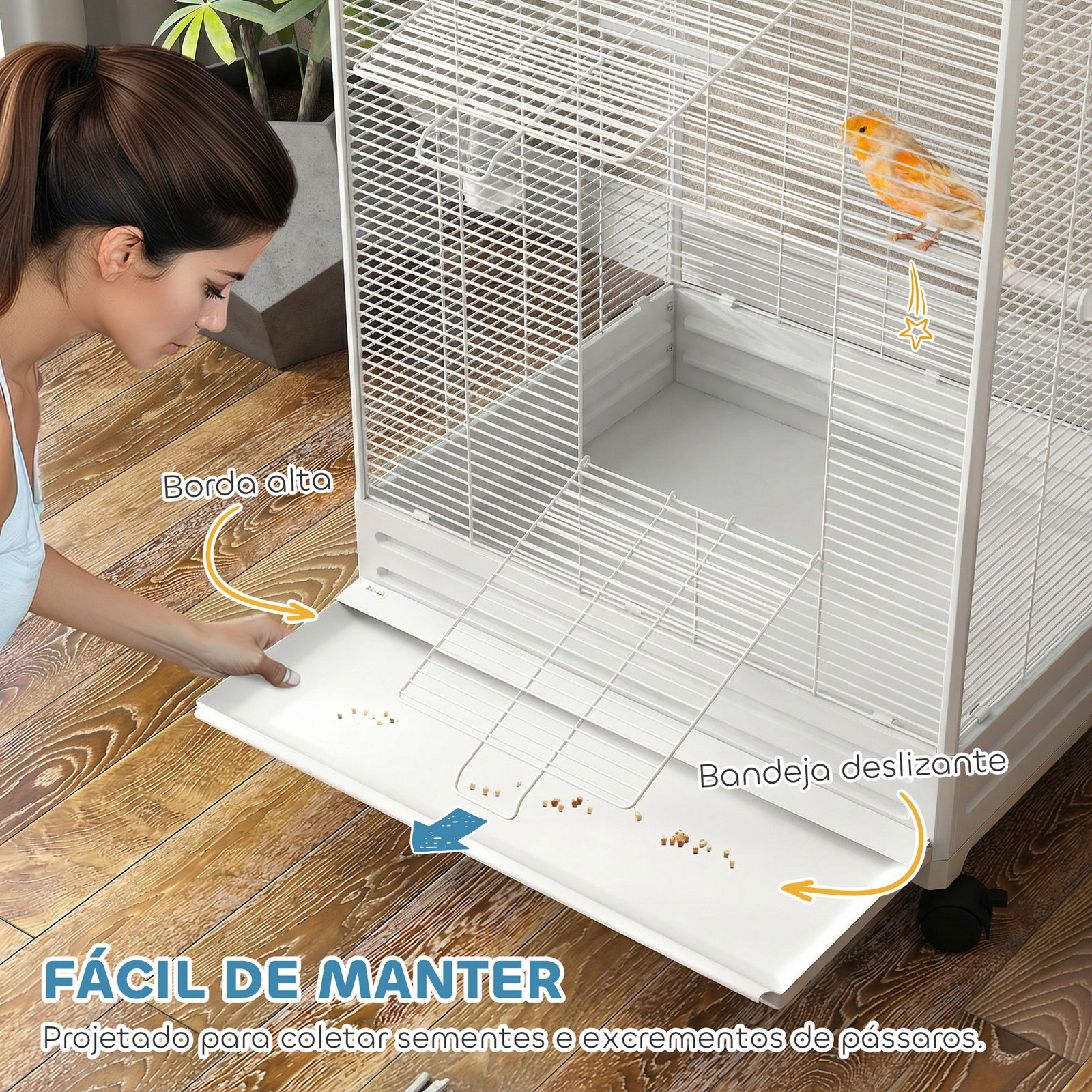 Gaiola para pássaros metálica com com rodas bandeja amovível 4 portas 2 comedouros e 8 poleiros 79x65x155 cm branco