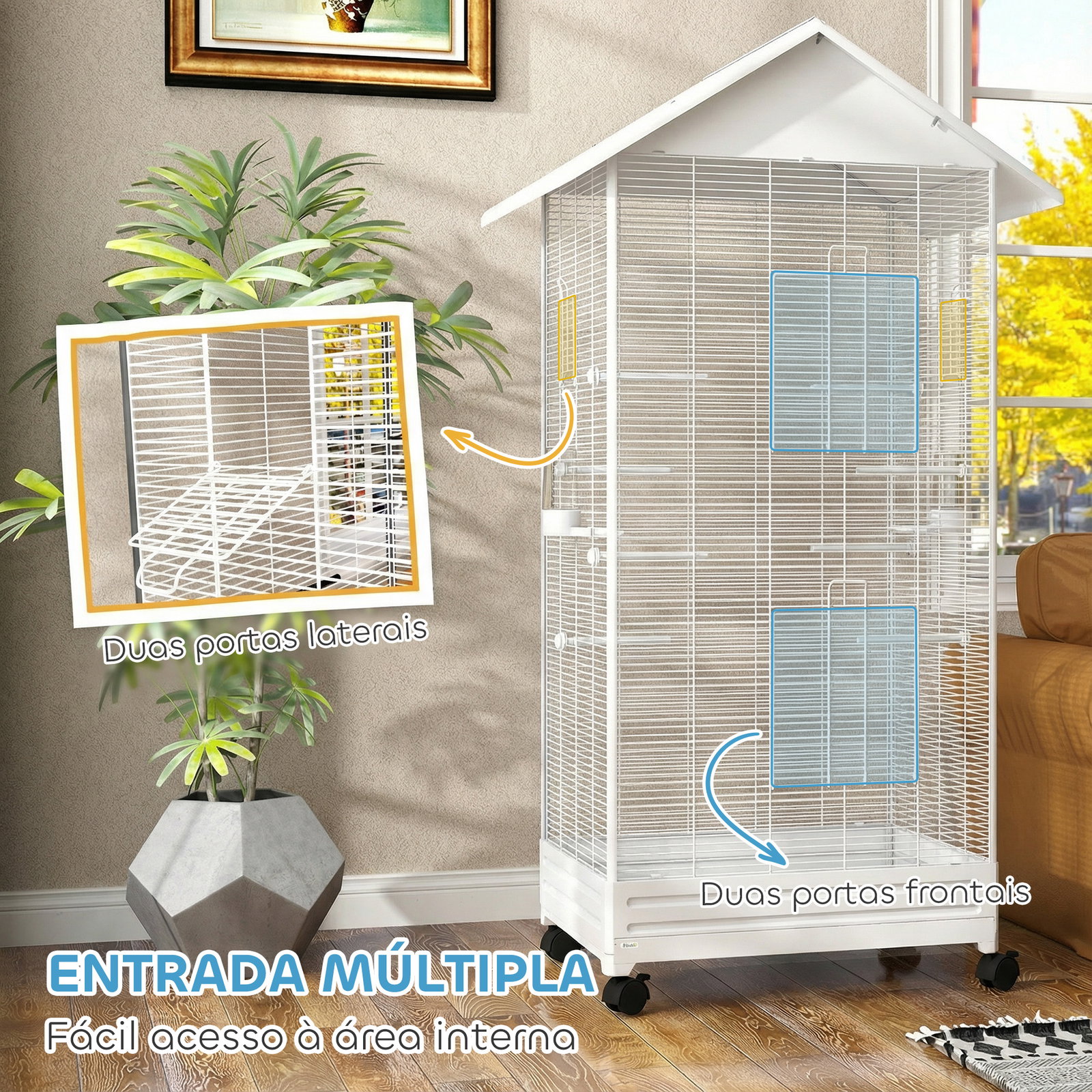 Gaiola para pássaros metálica com com rodas bandeja amovível 4 portas 2 comedouros e 8 poleiros 79x65x155 cm branco