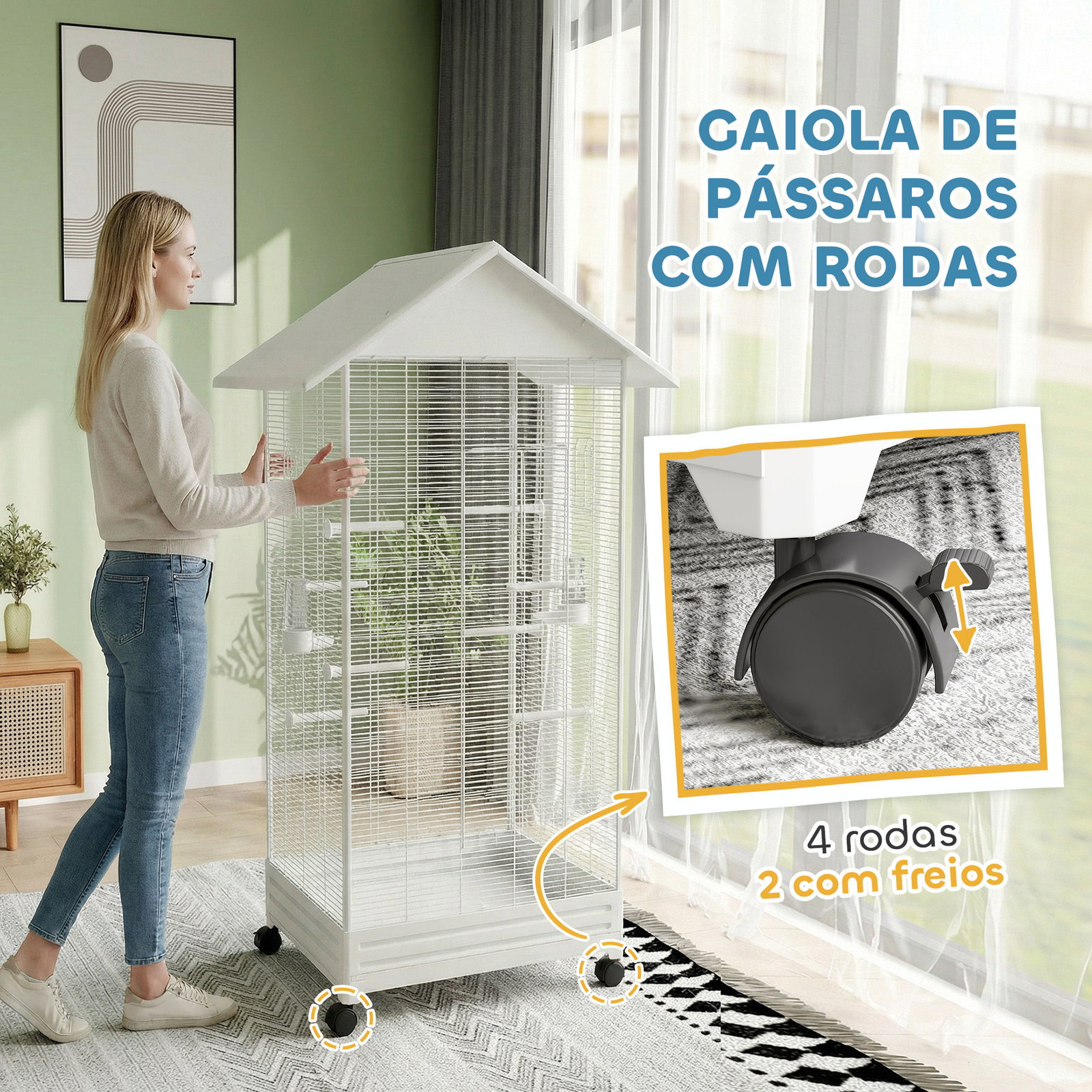 Gaiola para pássaros metálica com com rodas bandeja amovível 4 portas 2 comedouros e 8 poleiros 79x65x155 cm branco