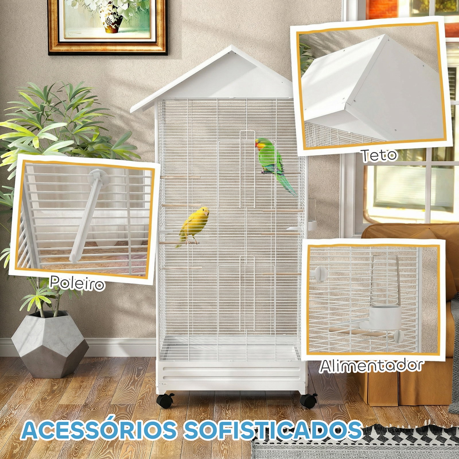 Gaiola para pássaros metálica com com rodas bandeja amovível 4 portas 2 comedouros e 8 poleiros 79x65x155 cm branco