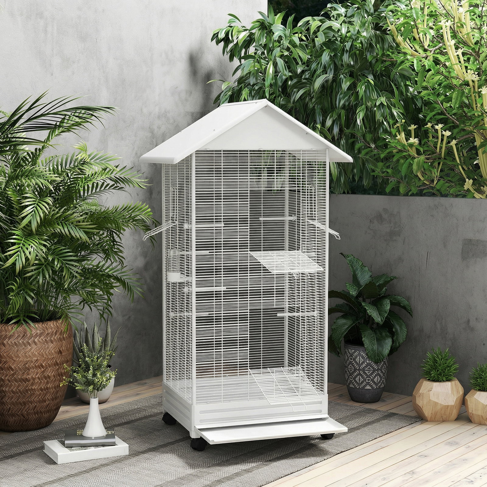 Gaiola para pássaros metálica com com rodas bandeja amovível 4 portas 2 comedouros e 8 poleiros 79x65x155 cm branco