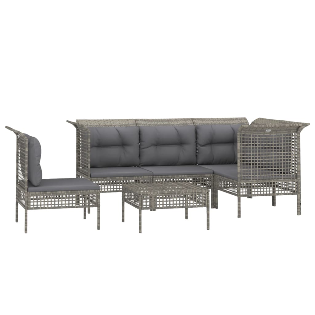 6 Pcs conjunto lounge de jardim c/ almofadões vime PE cinzento