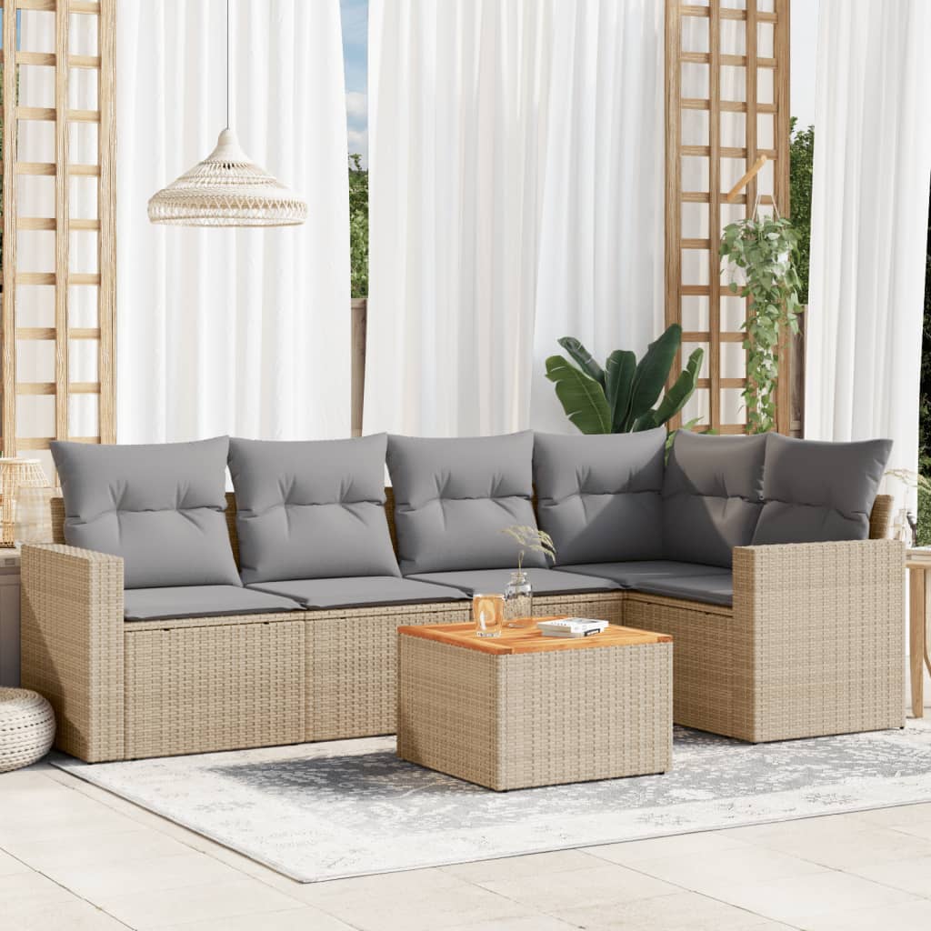 6 Pcs conj. sofás jardim c/ almofadões vime PE bege misturado