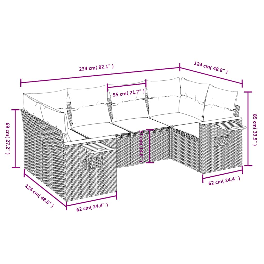 6 Pcs conjunto sofás de jardim c/ almofadões vime PE preto