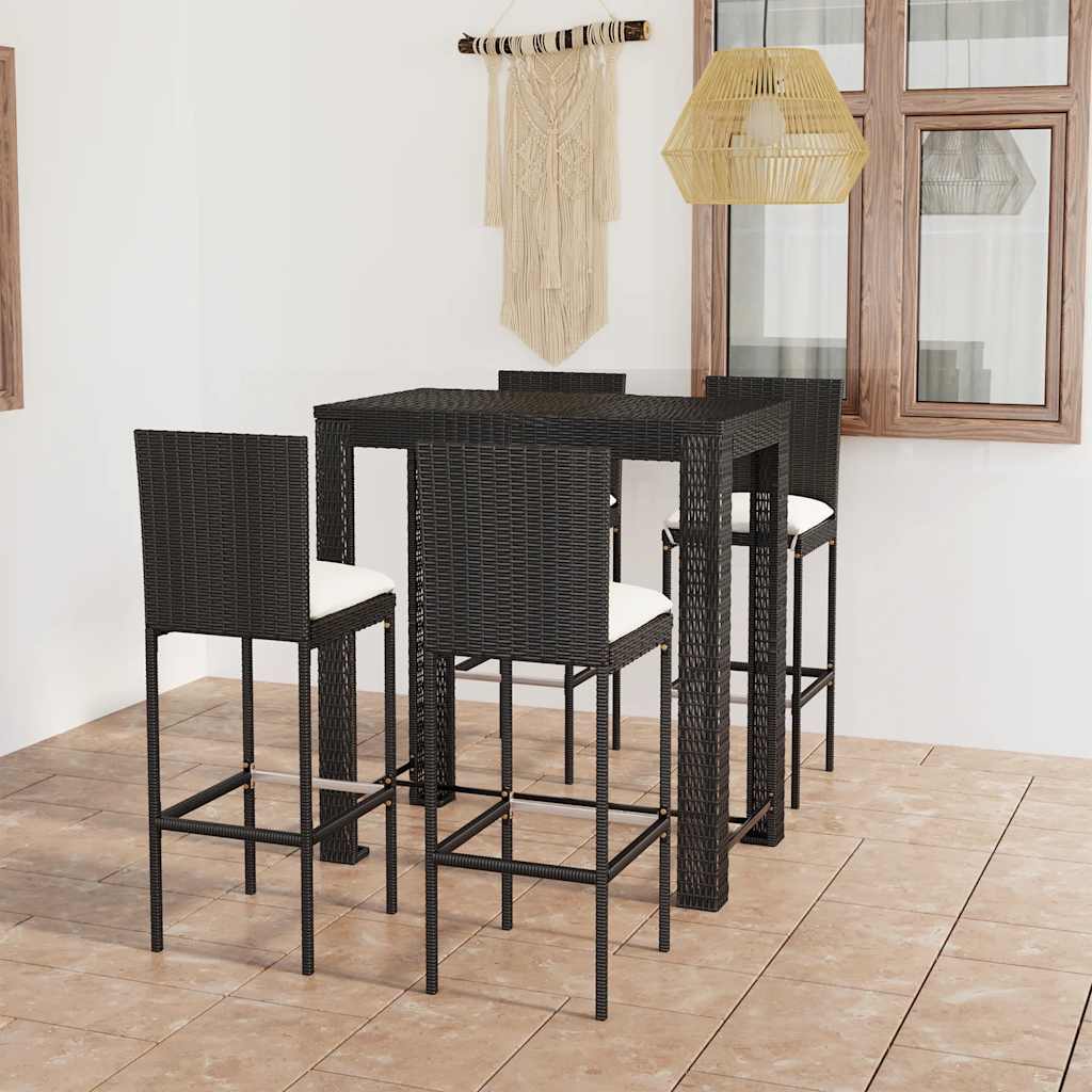 5 Pcs conjunto de bar p/ exterior c/ almofadões vime PE preto