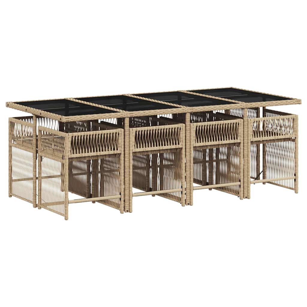9 Pcs conjunto de jantar p/ jardim com almofadões vime PE bege