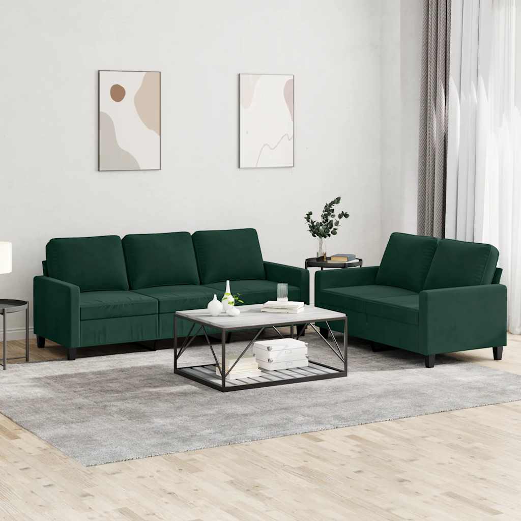 2 Pcs conjunto de sofás com almofadões veludo verde-escuro