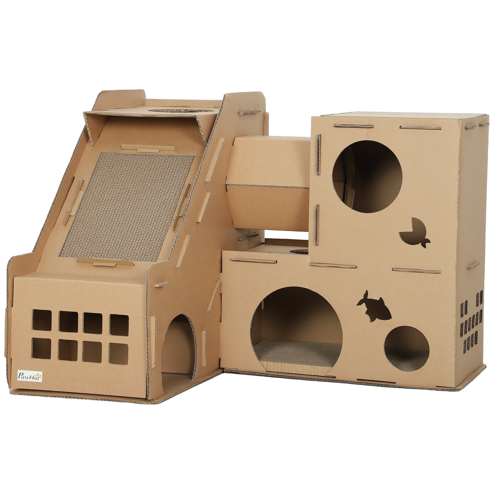 Casa para gatos de cartão em forma de castelo com 2 níveis 3 zonas de arranhar túnel e rampa 78x66x57 cm castanho