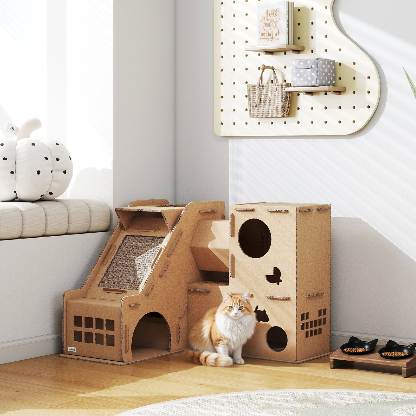 Casa para gatos de cartão em forma de castelo com 2 níveis 3 zonas de arranhar túnel e rampa 78x66x57 cm castanho