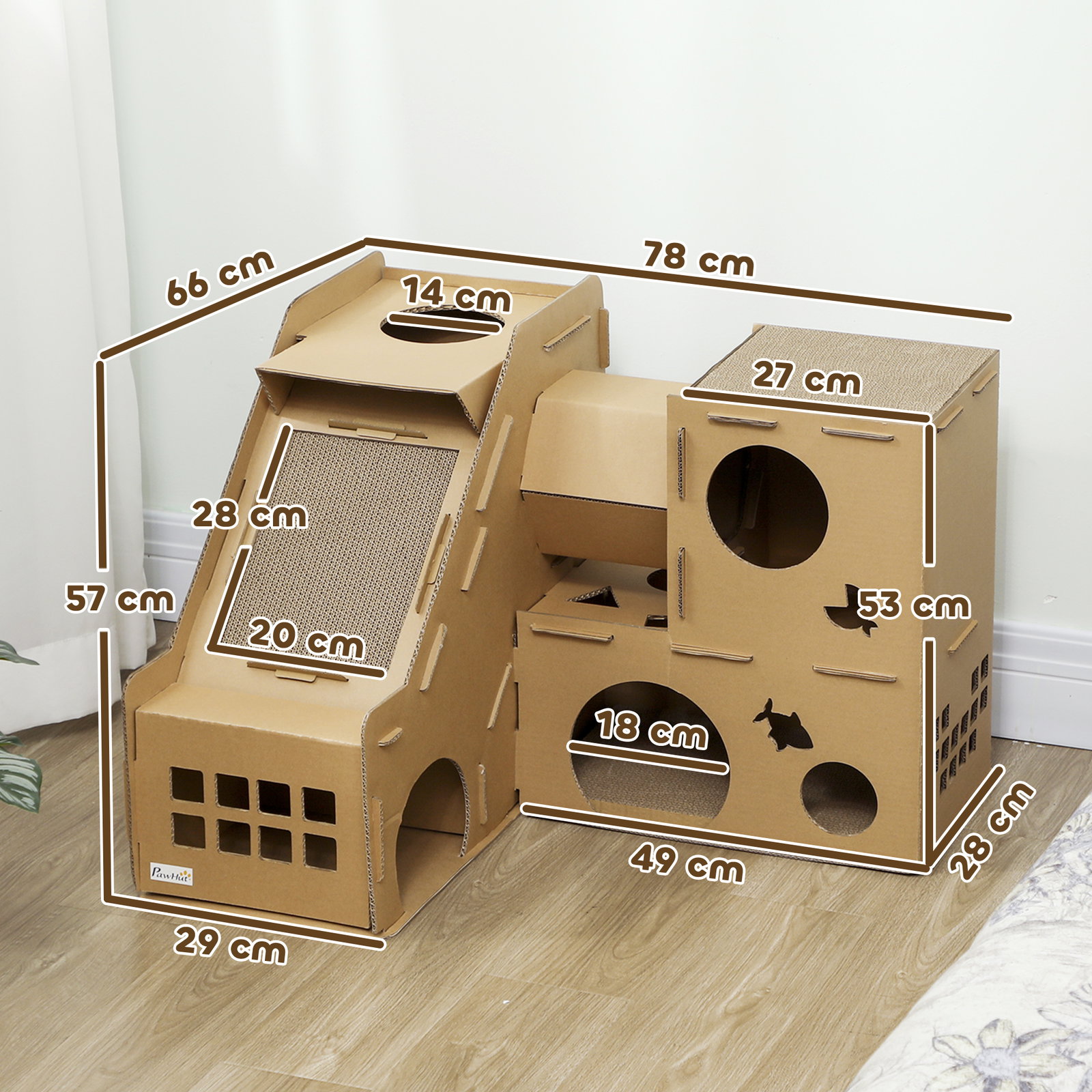 Casa para gatos de cartão em forma de castelo com 2 níveis 3 zonas de arranhar túnel e rampa 78x66x57 cm castanho