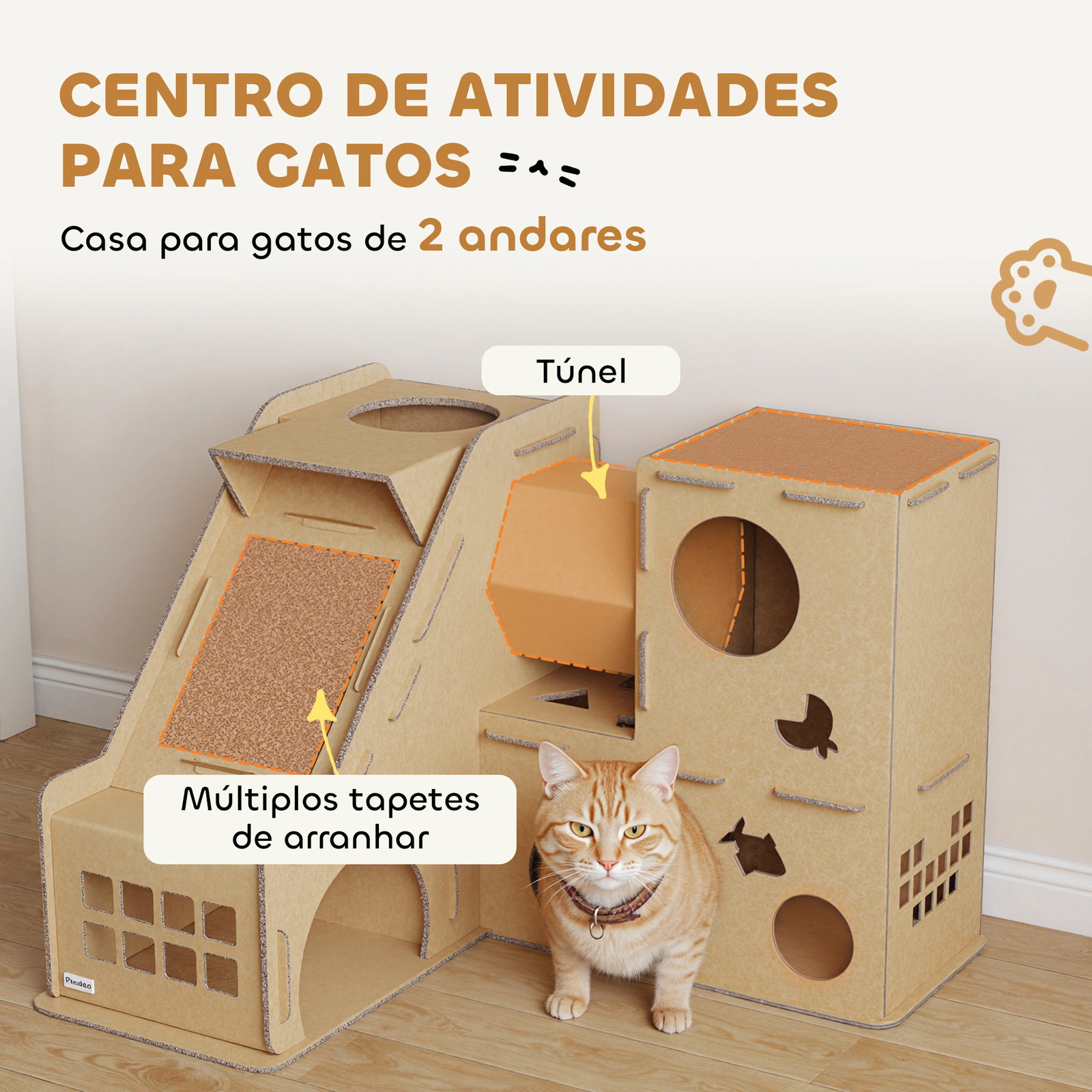Casa para gatos de cartão em forma de castelo com 2 níveis 3 zonas de arranhar túnel e rampa 78x66x57 cm castanho