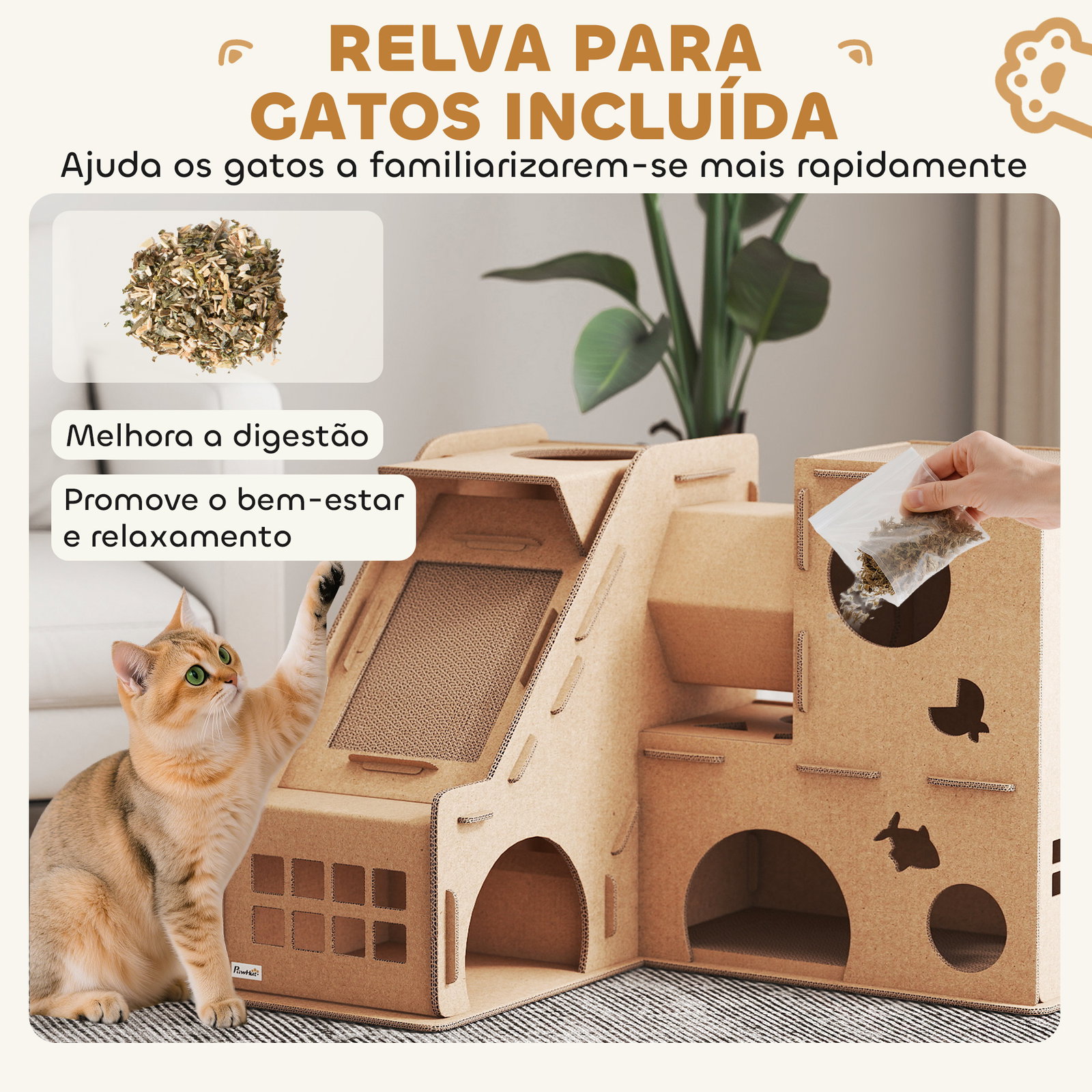 Casa para gatos de cartão em forma de castelo com 2 níveis 3 zonas de arranhar túnel e rampa 78x66x57 cm castanho