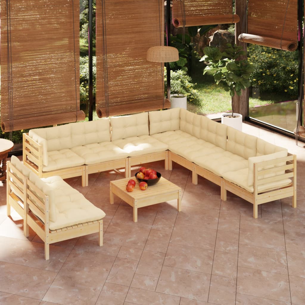10 Pcs conjunto lounge jardim c/ almofadões creme pinho maciço