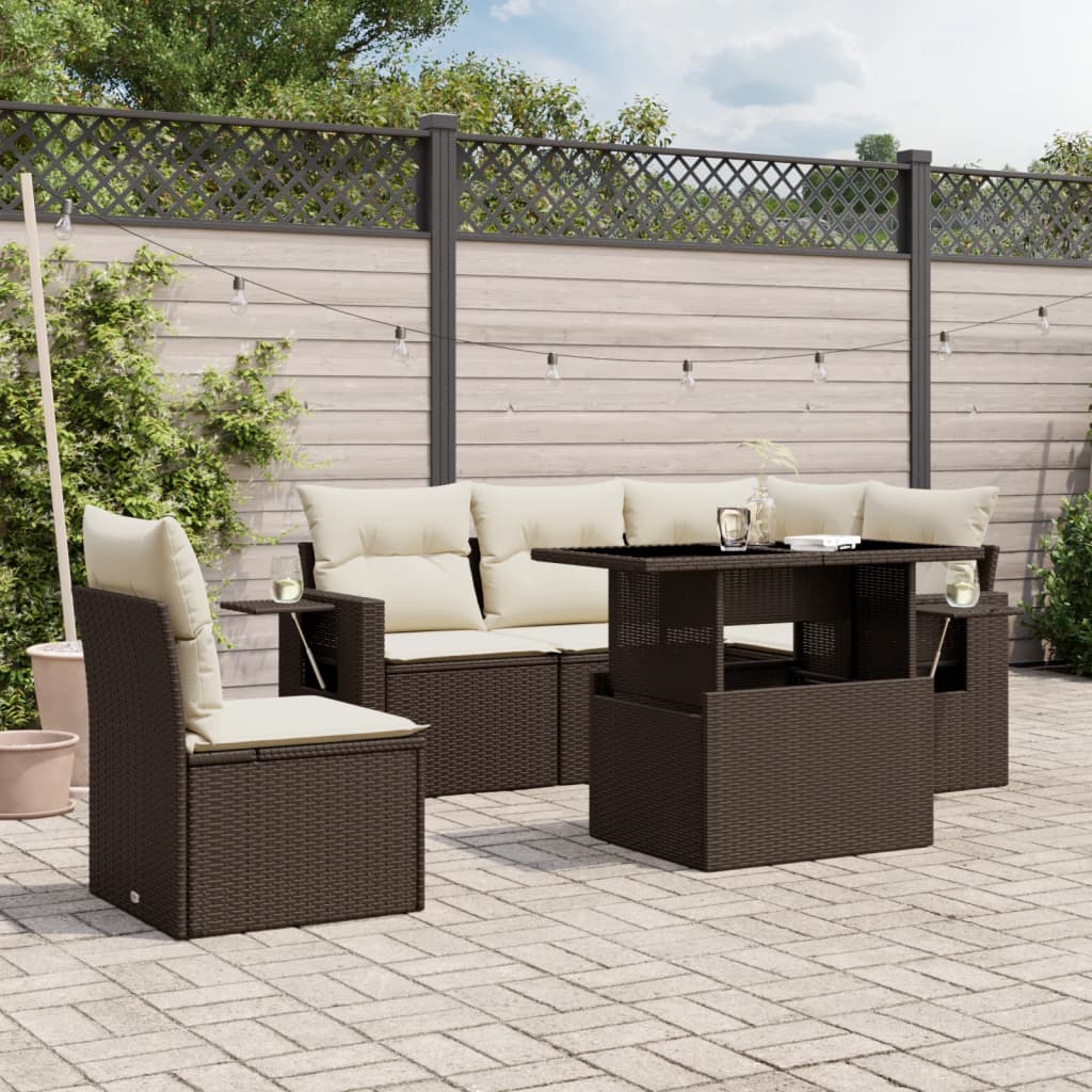 6 Pcs conjunto de sofás jardim c/ almofadões vime PE castanho