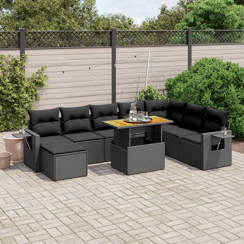9 Pcs conjunto de sofás p/ jardim c/ almofadões vime PE preto