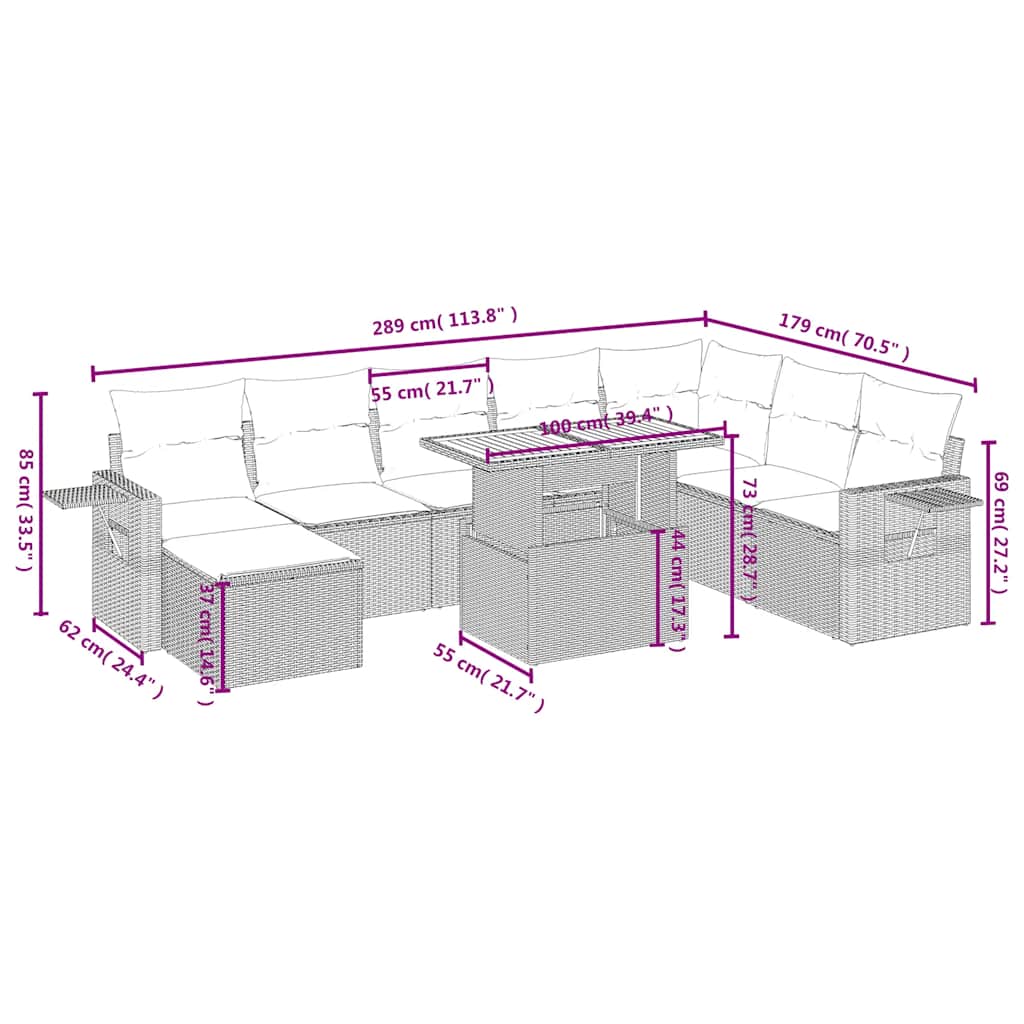 9 Pcs conjunto de sofás p/ jardim c/ almofadões vime PE preto