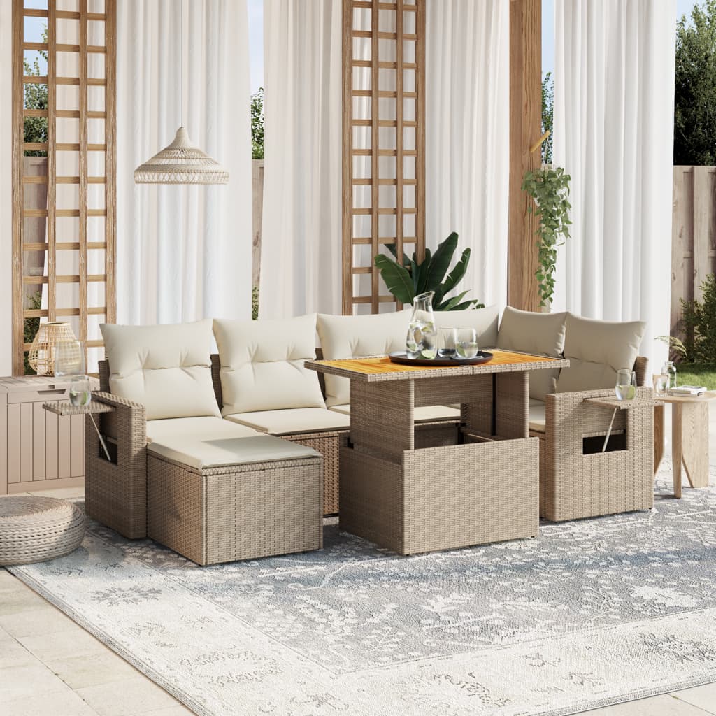 7 Pcs conjunto de sofás p/ jardim com almofadões vime PE bege