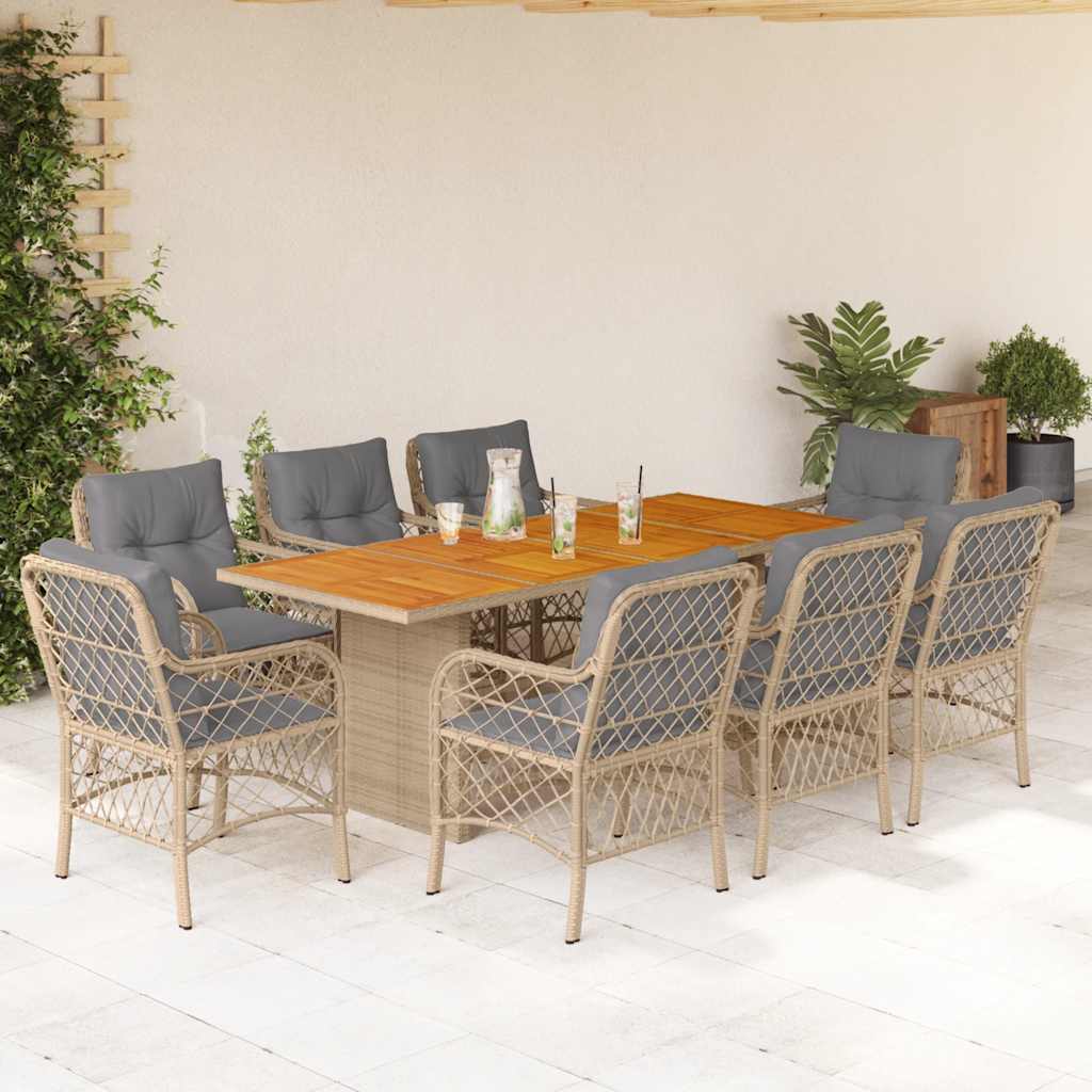 9 Pcs conj. jantar jardim c/ almofadões vime PE bege misturado