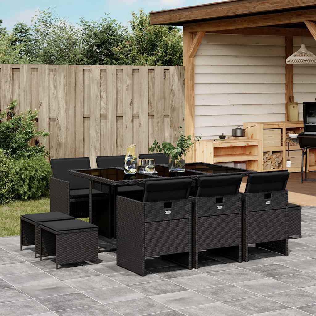 11 Pcs conjunto de jantar p/ jardim c/ almofadões vime PE preto