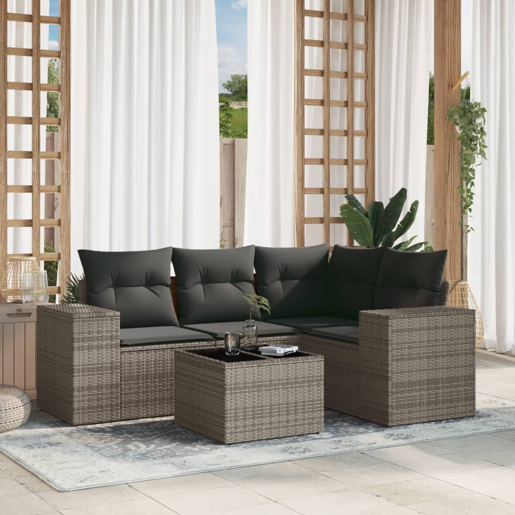 5 Pcs conjunto sofás de jardim c/ almofadões vime PE cinzento
