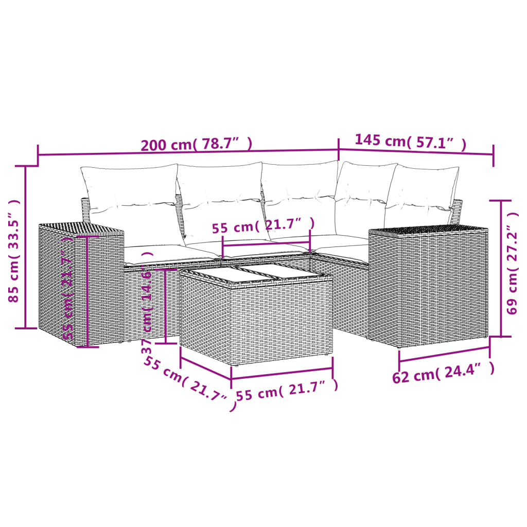 5 Pcs conjunto sofás de jardim c/ almofadões vime PE cinzento