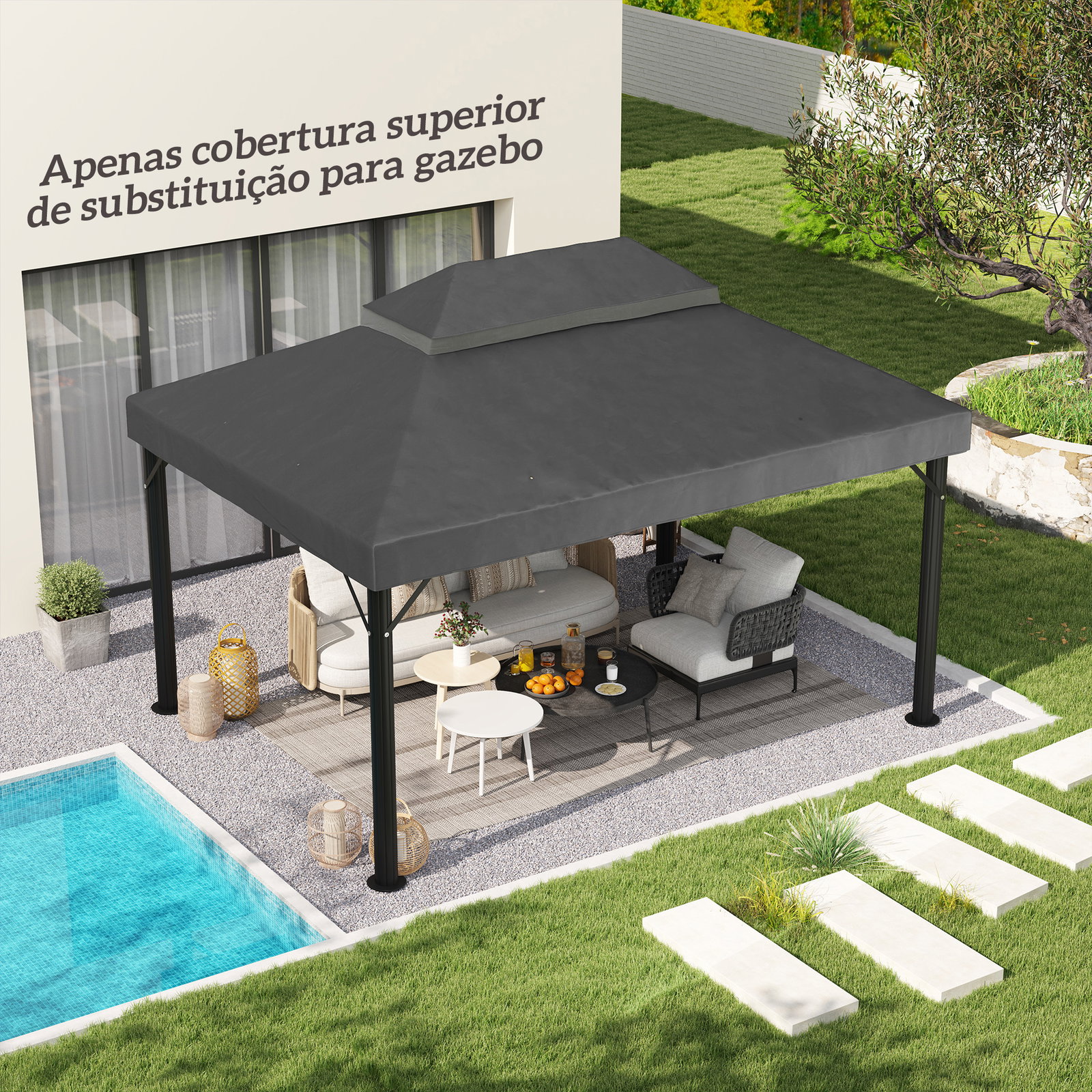 Toldo de substituição para pérgola 4x3 m toldo para pérgola com teto duplo e proteção UV 30+ cinza