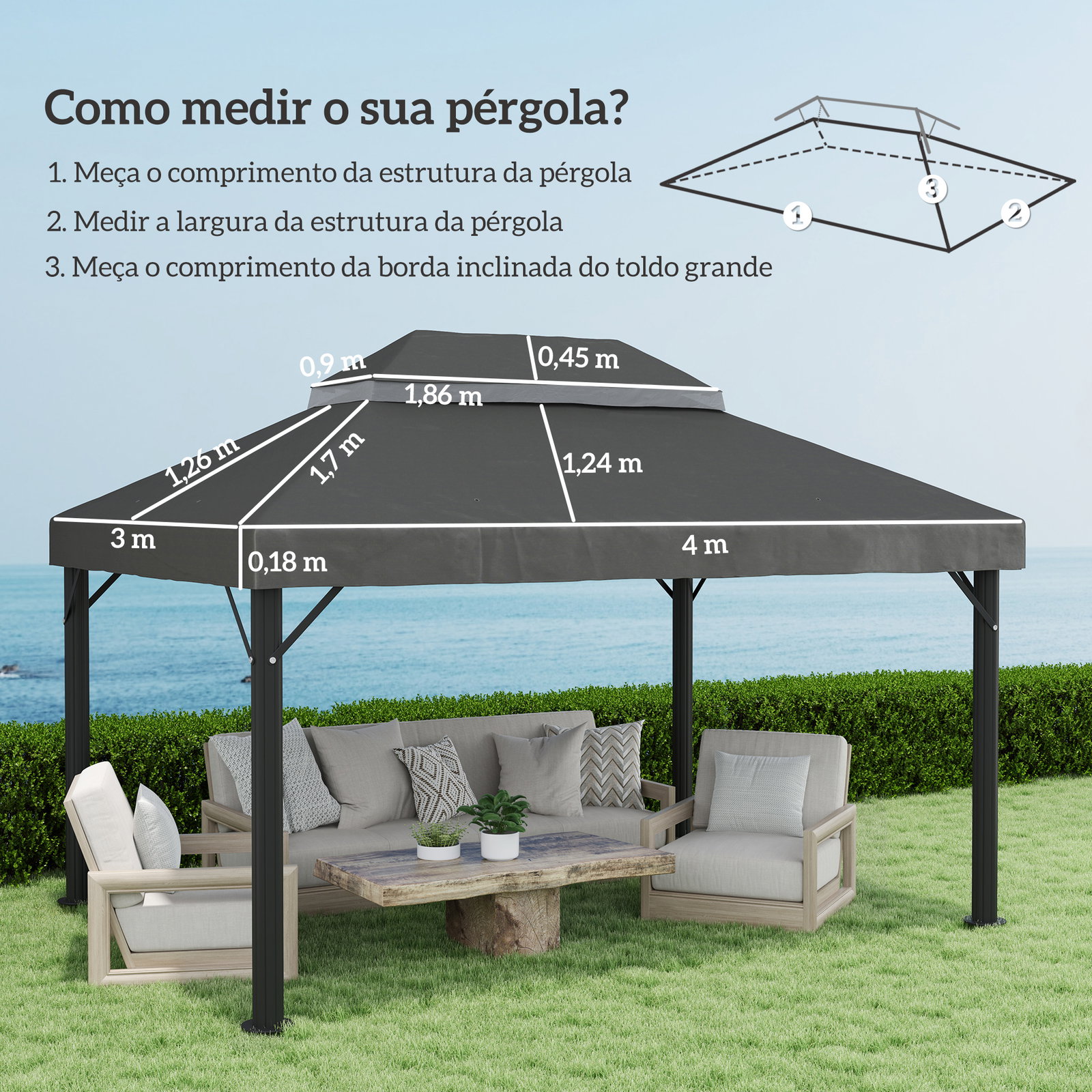 Toldo de substituição para pérgola 4x3 m toldo para pérgola com teto duplo e proteção UV 30+ cinza