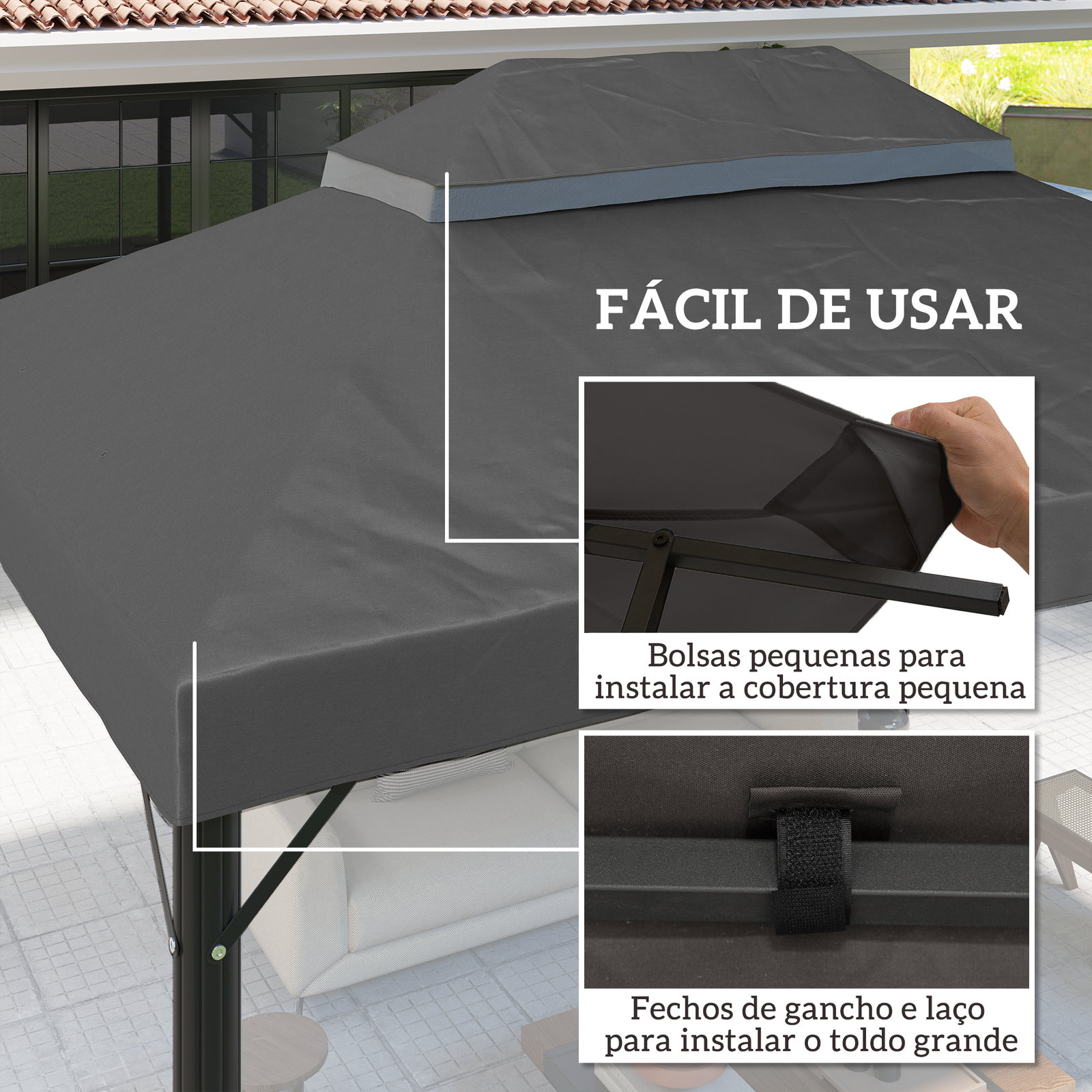Toldo de substituição para pérgola 4x3 m toldo para pérgola com teto duplo e proteção UV 30+ cinza