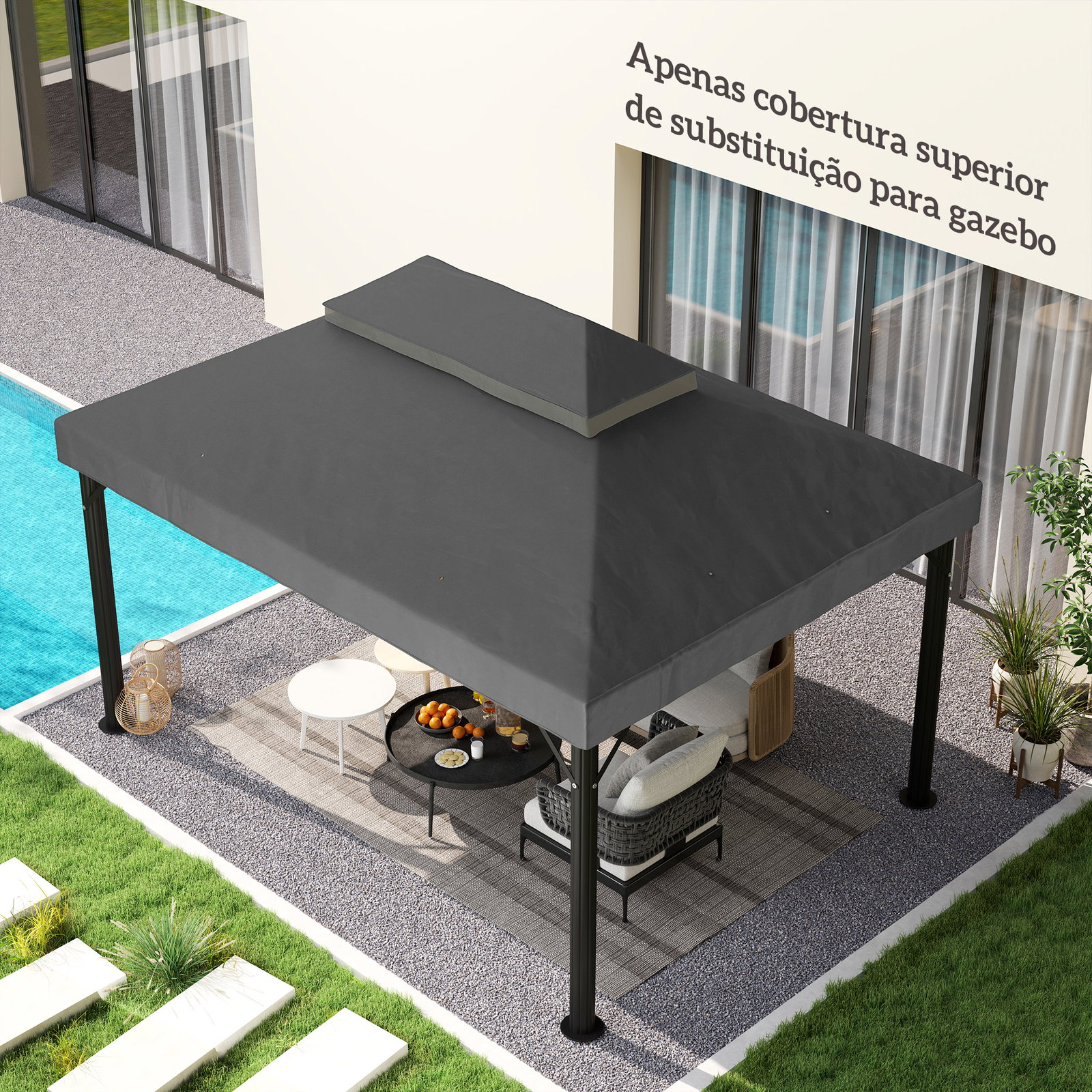 Toldo de substituição para pérgola 4x3 m toldo para pérgola com teto duplo e proteção UV 30+ cinza