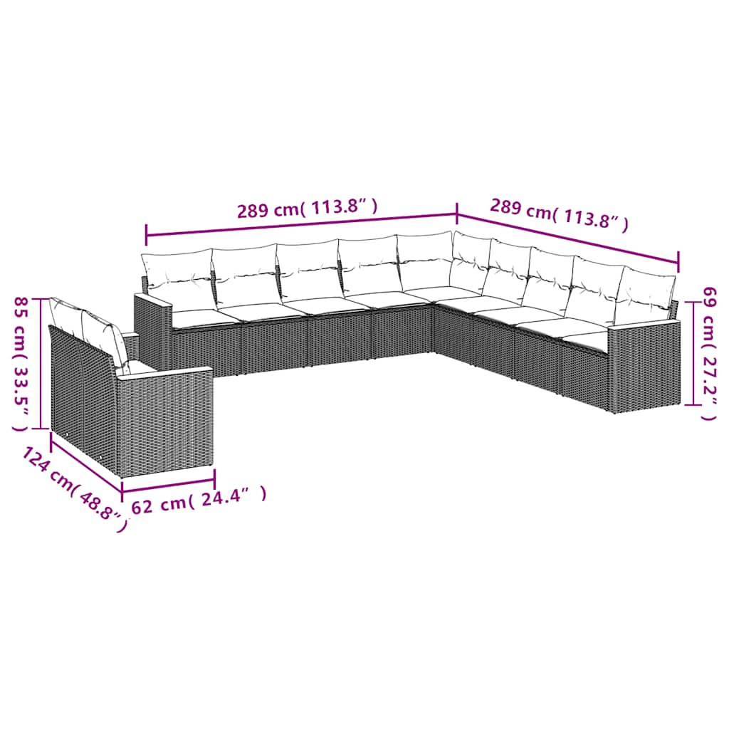 11 Pcs conjunto sofás de jardim c/ almofadões vime PE preto