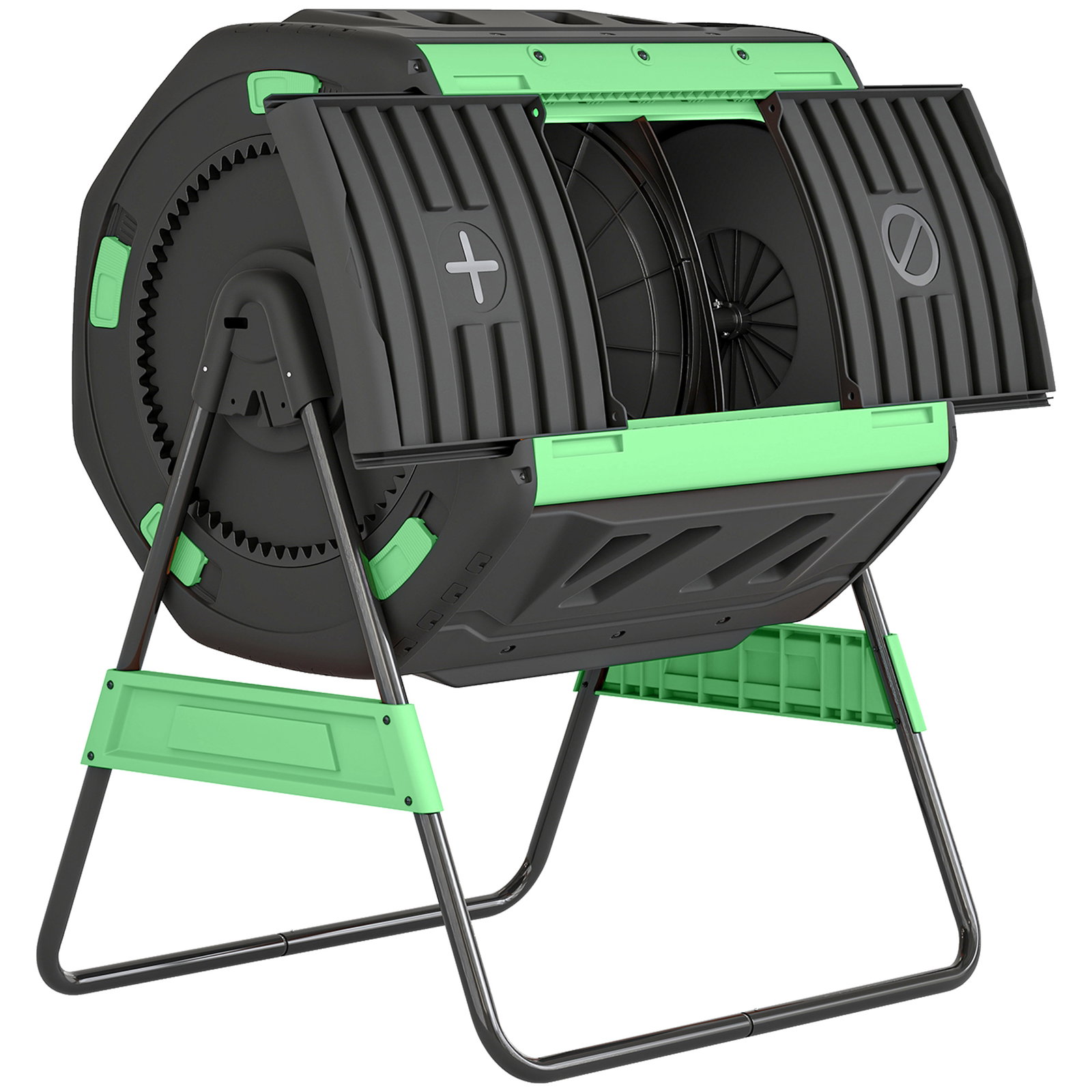 Compostador giratório 200l com sistema de ventilação e base metálica para compostagem de resíduos orgânicos verde