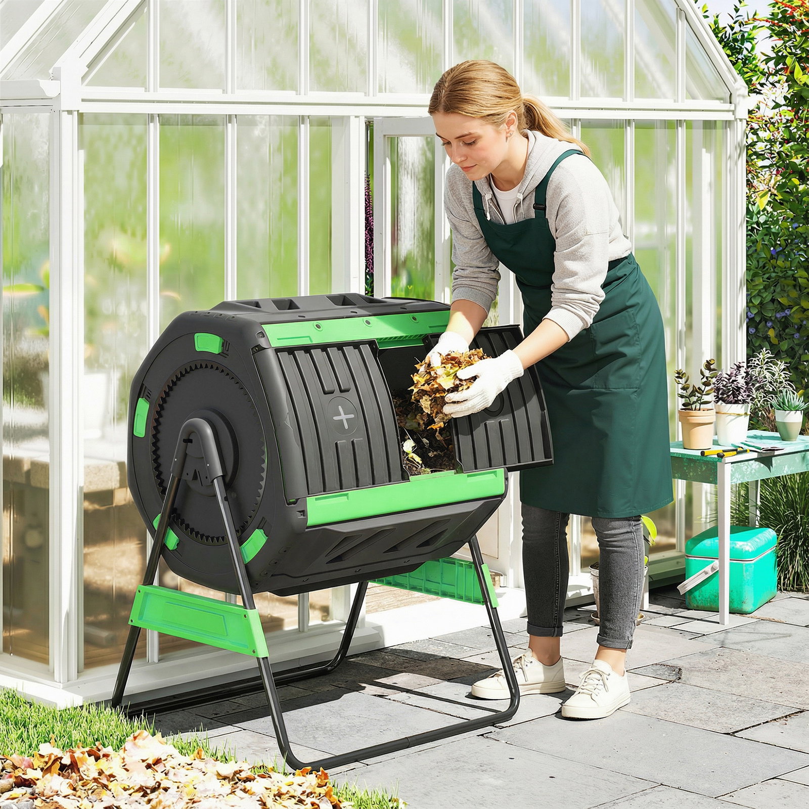 Compostador giratório 200l com sistema de ventilação e base metálica para compostagem de resíduos orgânicos verde